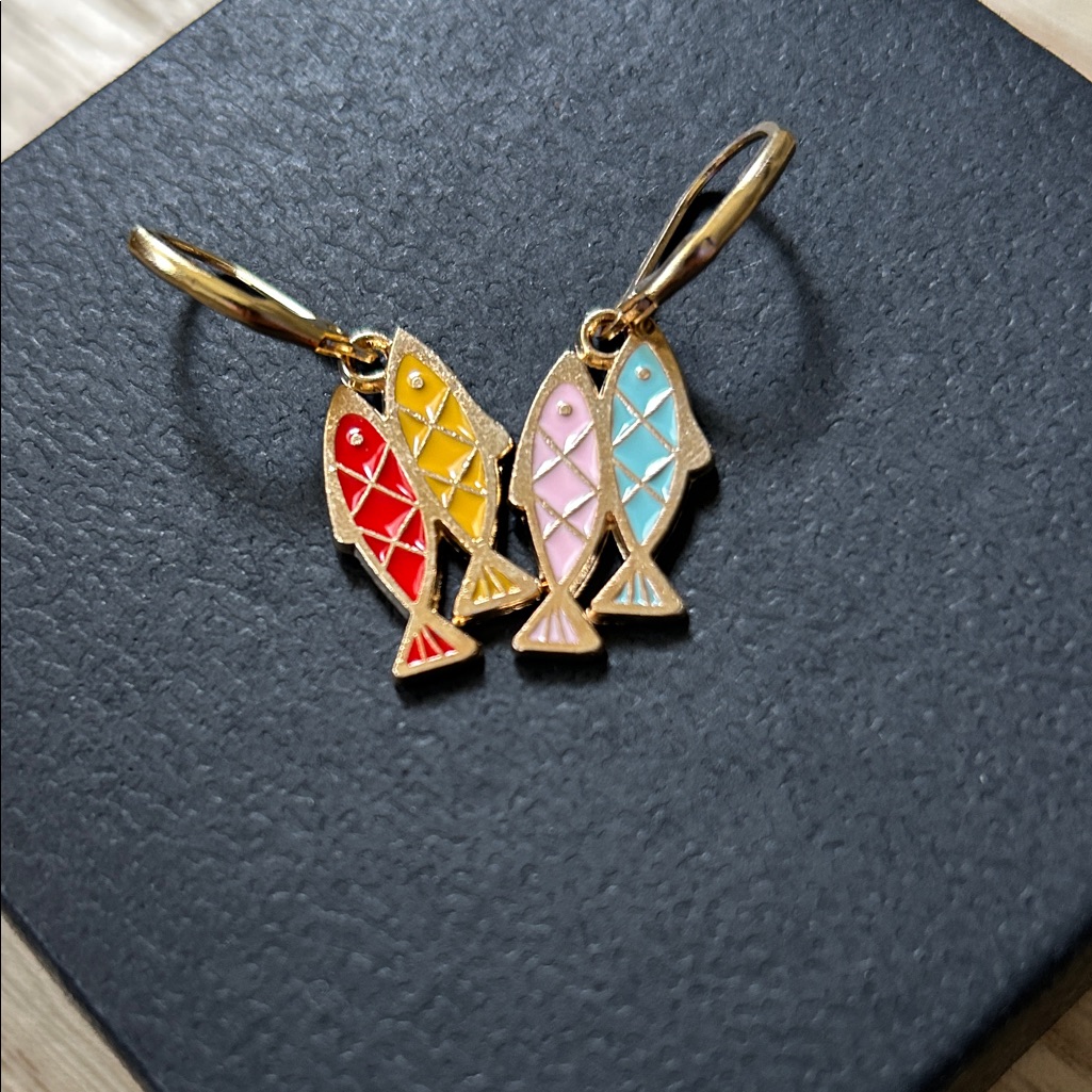 Gold Fish Trio Earrings With Multicolor Enamel